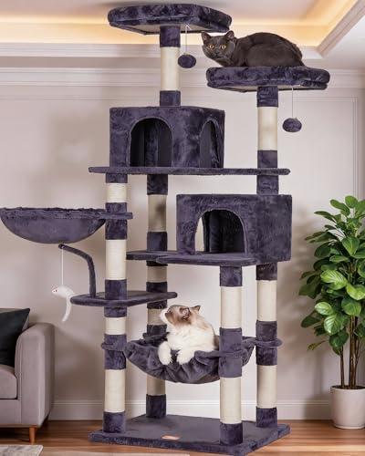 Heybly Cat Tree, 70 inches Tall Cat Tower Condo with Toy for Indoor Large Cats, Cat House Furniture with Padded Plush Perch, Cozy Hammock and Sisal Scratching Posts, Smoky Gray HCT032G