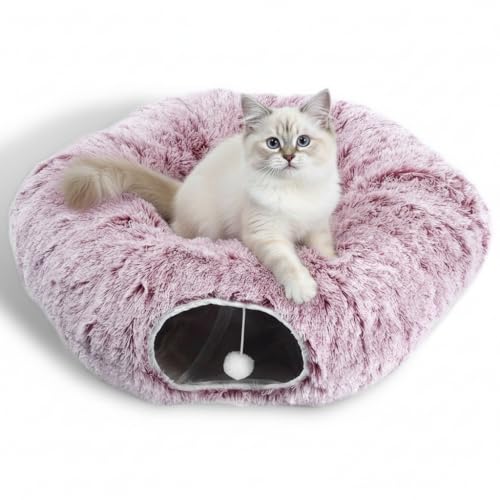 AUOON Cat Tunnel Bed for Indoor Cats - Circle Peekaboo Cat Cave with Washable Mat for Indoor Cats Kitten Kitty Puppy Rabbit Ferret (Rosiness)