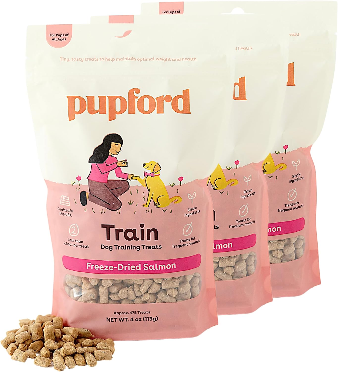 Pupford Freeze Dried Training Treats for Dogs & Puppies, 1400+ Two Ingredient Bites (Salmon, 4 oz, 3 Pack)
