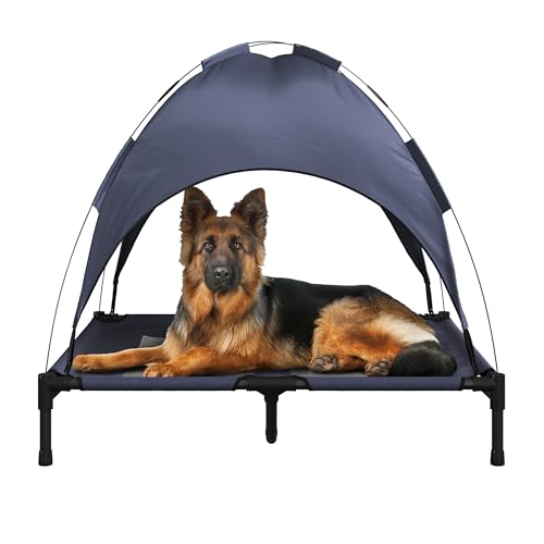 PETMAKER Elevated Dog Bed with Canopy - 36x30-Inch Portable Pet Bed with Non-Slip Feet - Indoor/Outdoor Dog Cot with Carrying Case (Blue)