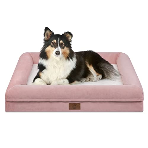 Large Orthopedic Dog Bed, Waterproof Dog Bed with Removable Cover, 4-Sides Removable Bolster Soft Pet Sofa with Egg Crate Foam Non-Slip Bottom, Pink