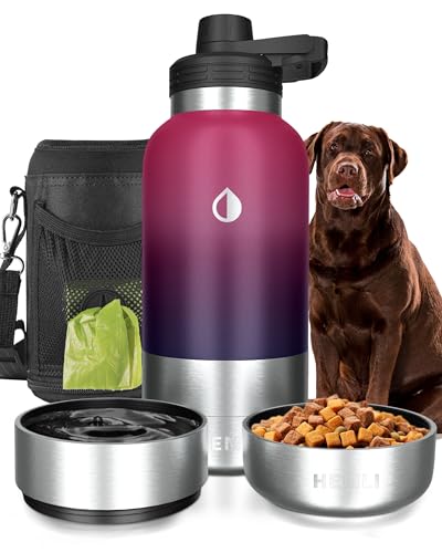 32 oz. Dog Water Bottle, Insulated Dog Travel Water Bottle, Stainless Steel Pet Water Bottle Dispenser Portable Food and Water Bowl for Dogs with Carrying Case for Walking Dog Canteen Travel Kit