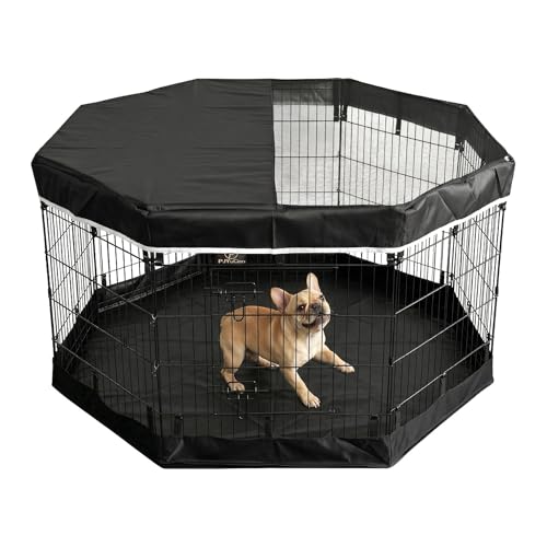 PJYuCien Dog Playpen - Metal Foldable Dog Exercise Pen, Pet Fence Puppy Crate Kennel Indoor Outdoor with 8 Panels 30H & Top Cover and Bottom Pad for Small Medium Pets