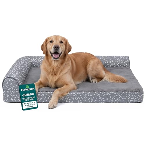 Furhaven Orthopedic Dog Bed for Large Dogs w/ Removable Bolsters & Washable Cover, For Dogs Up to 95 lbs - Plush & Almond Print L Shaped Chaise - Gray Almonds, Jumbo/XL