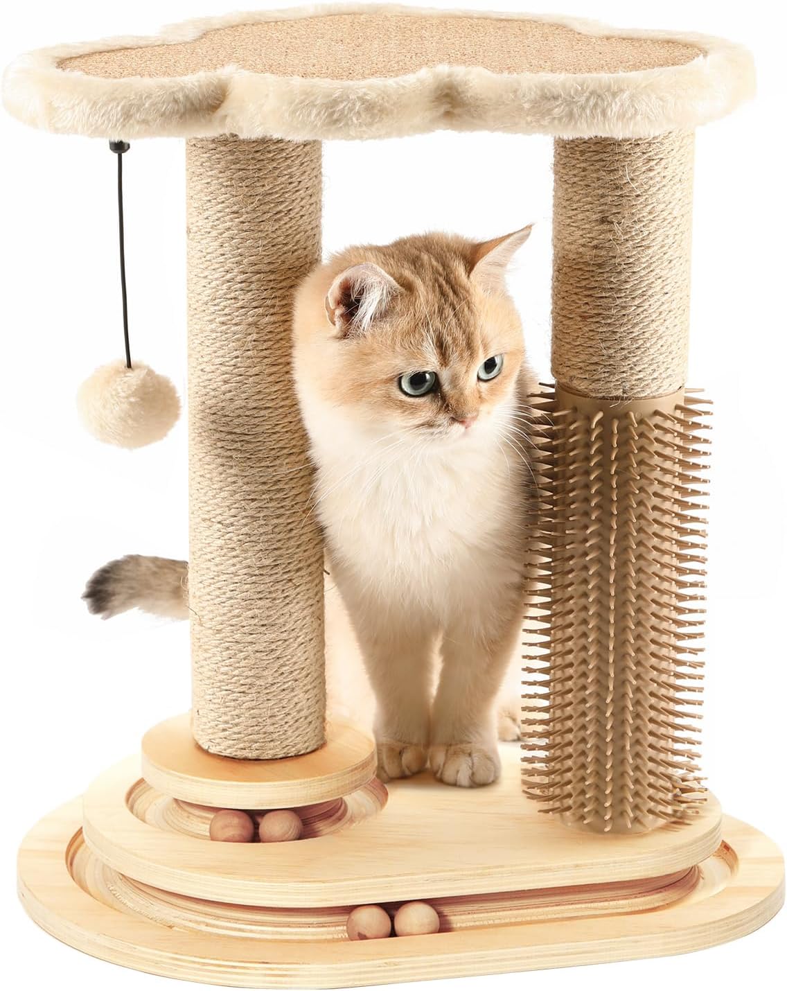 Made4Pets Cat Scratching Post, Cat Self Groomer for Indoor Cats, Cloud Soft Perch for Rest, 17.5" Tall Natural Sisal Scratcher Cat Grooming Interactive Ball Track Toys for Small Cats Kittens