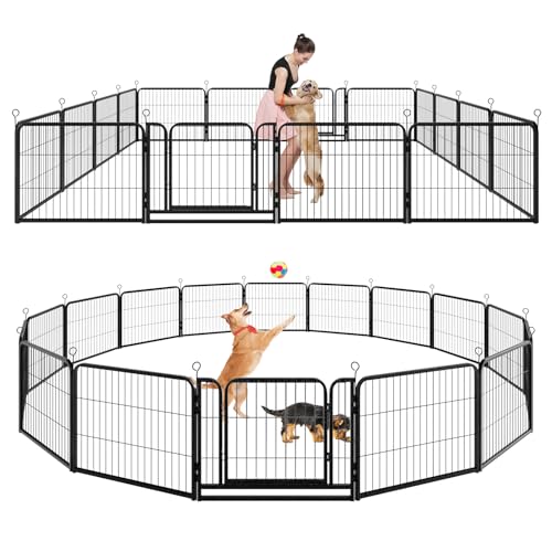 Dog Playpen Outdoor Extra Wide 16 Piece Panels Heavy Duty Dog Fence 24" Height Anti-Rust with Doors Portable for RV Camping Yard, Total 29FT, 68 Sq.ft, Snowy Black