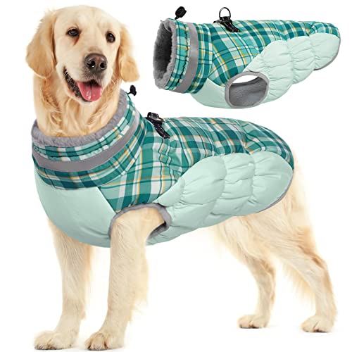 FUAMEY Dog Coat for Large Dogs,Waterproof Dog Winter Jacket with Harness Built in Puppy Cold Weather Coats Reflective Pet Vest with Zipper Warm Fleece Dogs Snowsuit Windproof Green Plaid XL
