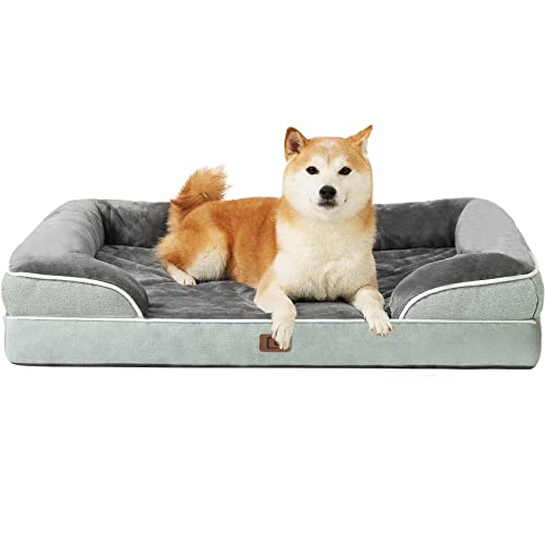 EHEYCIGA Orthopedic Dog Beds for Large Dogs, Waterproof Memory Foam Large Pet Bed with Sides, Non-Slip Bottom and Egg-Crate Foam Dog Couch Bed with Washable Removable Cover, Greyish Green