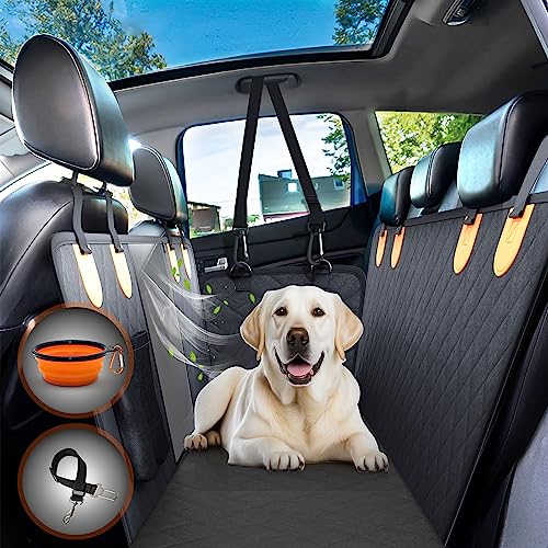 Dog Car Backseat Cover with Mesh, Heavy Duty Hammock, Large Side Flaps. Full Car/SUV Protection - Doors, Backseat & Floor - Waterproof, Nonslip, Washable, Bonus Seat Belt & Foldable Bowl