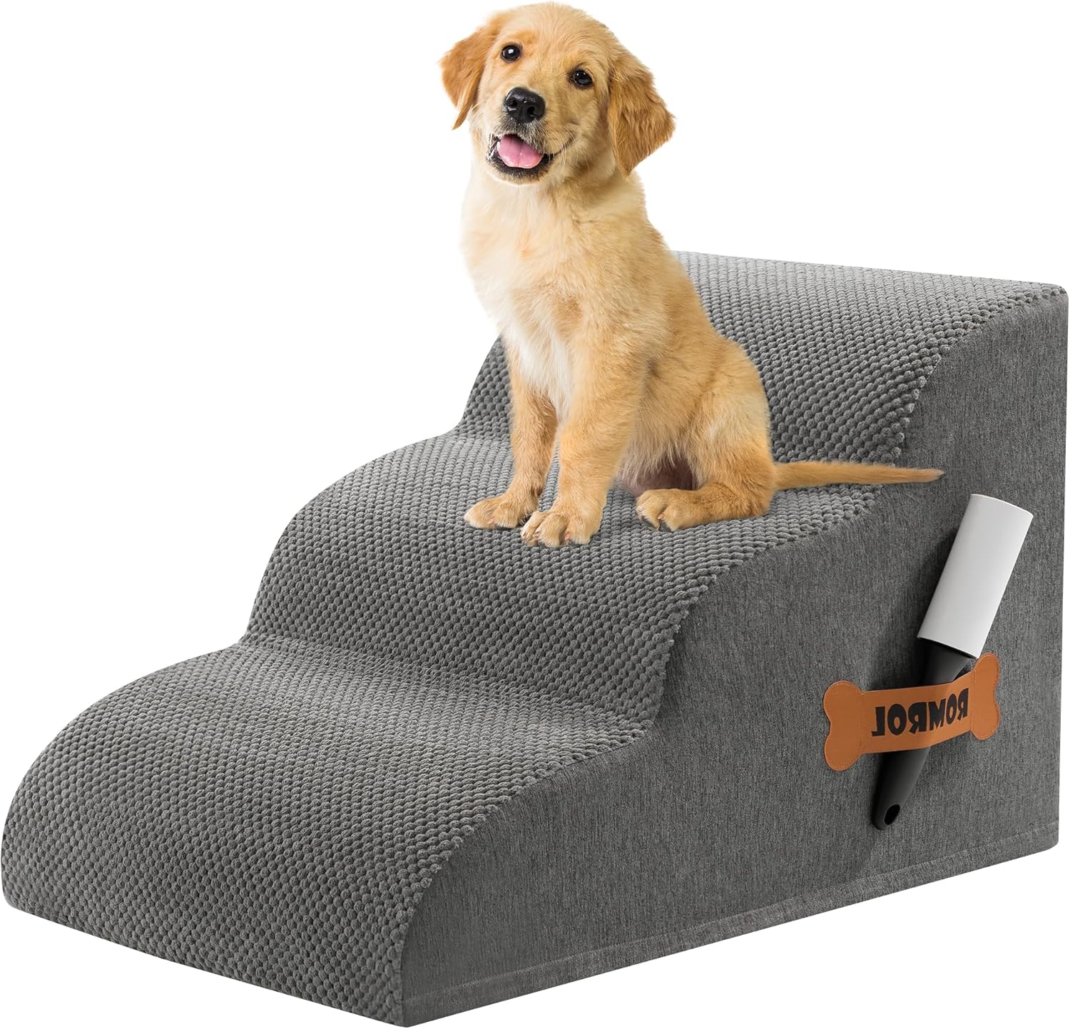 Romrol Dog Stairs Ramp for Beds Couches, 15.7 H 33D Extra Wide Pet Steps with Durable Non-Slip Waterproof Fabric Cover, Dog Slope Stairs for Small Dogs and Cats or Pets Friendly, 3-Tiers, Grey