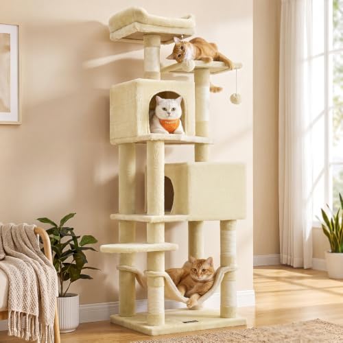 Feandrea Cat Tree, 61-Inch Cat Tower for Indoor Cats, Plush Multi-Level Cat Condo with 5 Scratching Posts, 2 Perches, 2 Caves, Hammock, 2 Pompoms, Beige UPCT192M01