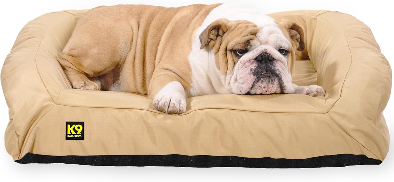 K9 Ballistics Tough Bolster Nesting Pillow Medium Sofa Dog Bed with Removable Washable Cover - Durable, Water Resistant with Nonskid Bottom 33"x27", Sandstone