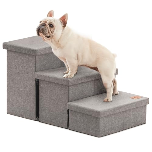 Love's cabin Dog Stairs for High Bed 18"H,Foldable Pet Stairs for Small Medium or Large Dogs Puppy with Storage for Bed or Couch, Cat Dog Steps Ramp with Zip up to 200 lbs(Solid Grey,3 Steps no Condo)