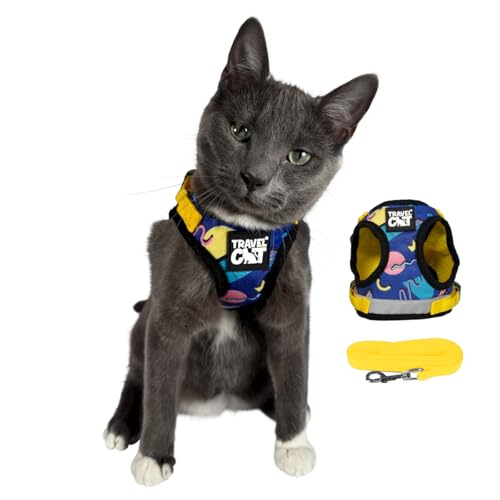 Travel Cat Harness and Leash Set - Adjustable Fit Mesh Harness and Reflective Strap - Comfort Walking Vest for Kitten for Outdoor Walking, Hiking (Large, 90s Cat)
