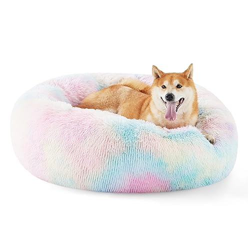Bedsure Calming Dog Bed for Medium Dogs - Donut Washable Medium Pet Bed, Anti-Slip Round Fluffy Plush Faux Fur Cat Bed, Fits up to 45 lbs Pets, Multi-Colored, 30 inches