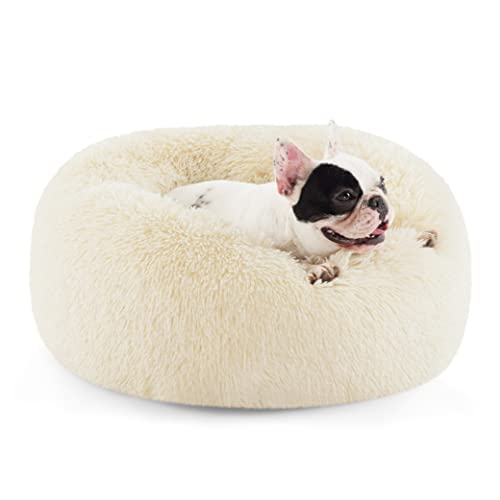 Bedsure Calming Dog Bed for Small Dogs - Donut Washable Small Pet Bed, Round Anti-Slip Fluffy Plush Faux Fur Large Cat Bed, Fits up to 25 lbs Pets, Ivory Beige, 23 inches