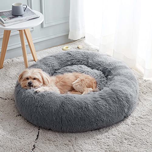 WESTERN HOME WH Calming Dog & Cat Donut Cuddler, Anti-Anxiety Warming Cozy Soft Round Bed, Fluffy Faux Fur Plush Cushion for Small Medium Dogs and Cats (20"/24"/27"/30")