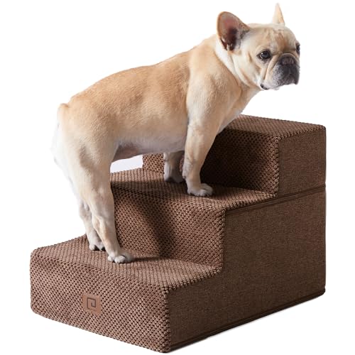 EHEYCIGA Dog Stairs for Small Dogs 13.5" H, 3-Step Dog Steps for Couch Sofa and Chair, Pet Steps for Medium Cats, Non-Slip Balanced Pet Ramp Indoor, Brown