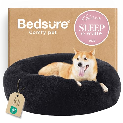 Bedsure Calming Dog Bed for Medium Dogs - Donut Washable Medium Pet Bed, 30 inches Anti-Slip Round Fluffy Plush Faux Fur Cat Bed, Fits up to 45 lbs Pets, Black