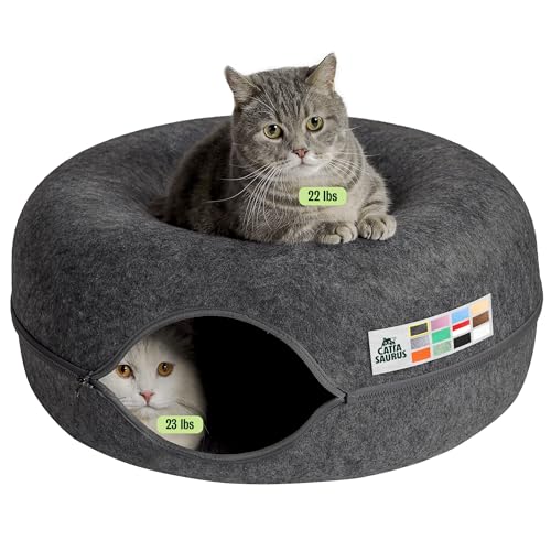 CATTASAURUS Peekaboo Cat Cave for Multiple & Large Cats Up to 30-45 Lbs, Scratch Detachable & Washable Tunnel Bed, Comfy Donut Cat Cave (Dark Gray, Large)