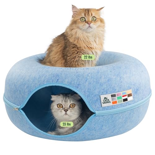 CATTASAURUS Peekaboo Cat Cave for Multiple & Large Cats Up to 30-45 Lbs, Scratch Detachable & Washable Tunnel Bed, Comfy Donut Cat Cave (Blue, Large)