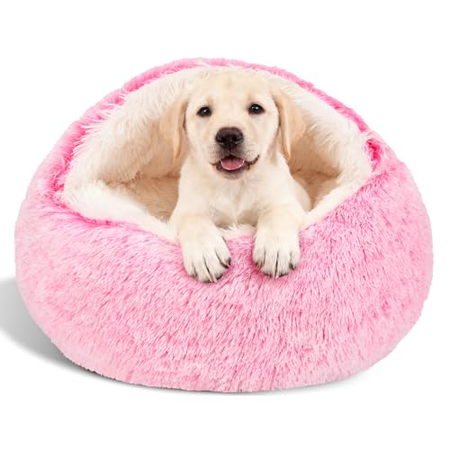 Calming Dog Beds with Hooded Cat Cave Cover - Removable, Washable Round Beds for Small to Medium Pets, Anti-Slip Faux Fur Fluffy Cover for Improved Sleep - Fits up to 15/25 lbs (Pink, M)