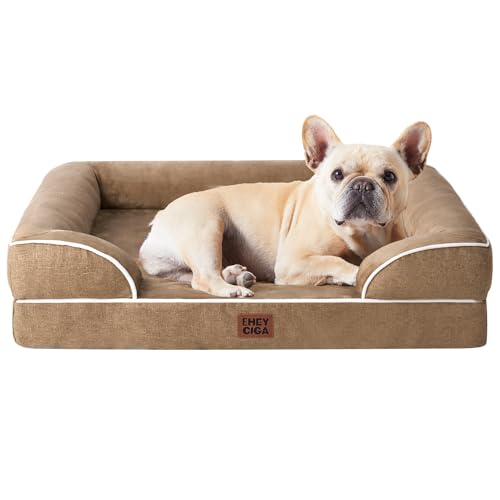 EHEYCIGA Orthopedic Dog Bed for Medium Dogs, Waterproof Memory Foam Medium Dog Beds with Sides, Non-Slip Bottom and Egg-Crate Foam Pet Couch Bed with Washable Removable Cover, Camel