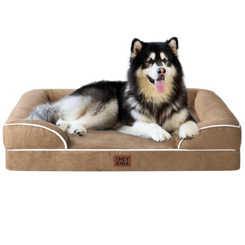 EHEYCIGA Orthopedic Dog Beds for Extra Large Dogs, Waterproof Memory Foam XXL Dog Bed with Sides, Non-Slip Bottom and Egg-Crate Foam Big Pet Couch Bed with Washable Removable Cover, Camel
