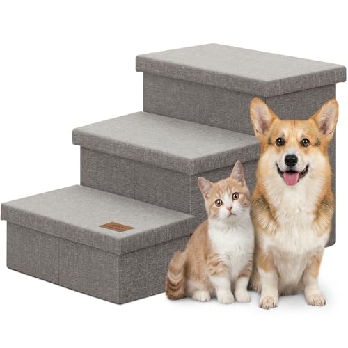 Wider Dog Stairs with Storage 18" H, 3-Step Sturdy Dog Steps for Large/Medium/Small Older Senior Dogs Cats, Folding Pet Stairs Climbing Bed or Couch, Arthritis-Friendly (Gray, No Condo)