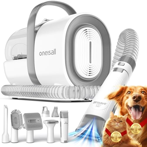 oneisall Dog Grooming Vacuum, Pet Grooming Vacuum with Clipper Nail Grinder, 1.5L Dust Cup Dog deshedding Vacuum Brush with 7 Pet Grooming Tools for Shedding Pet Hair, Home Cleaning(Grey)