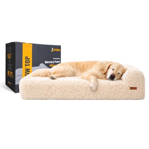 KOPEKS Orthopedic Memory Foam Dog Bed 7" Inch Thick Extra Large Dog Bed with Pillow Fluffy Brown 50"x34"x10" Includes Waterproof Liner & Durable Removable Cover with Smart Design