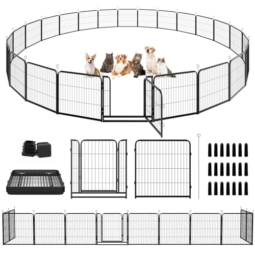 Dog Playpen Outdoor Extra Wide 24 Panels Heavy Duty Dog Fence 32" Height Anti-Rust with Doors Portable for RV Camping Yard, Total 63FT, 316 Sq.ft, Snowy Black