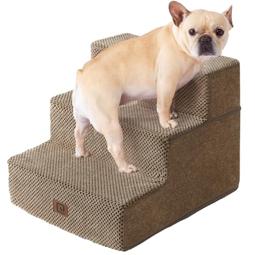 EHEYCIGA Dog Stairs for Small Dogs 13.5" H, 3-Step Dog Steps for Couch Sofa and Chair, Pet Steps for Medium Cats, Non-Slip Balanced Pet Ramp Indoor, Camel