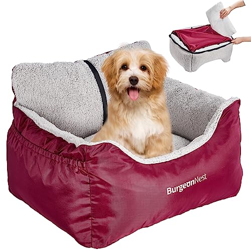 BurgeonNest Dog Car Seat for Small Dogs, Fully Detachable and Washable Cat Carseats Under 25 lbs, Soft Pet Booster Seats with Storage Pockets Clip-On Leash Portable Travel Carrier Bed, Red