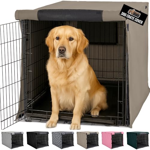 GORILLA GRIP Dog Crate Covers Compatible with Amazon Basics Dog Crates, All Sides Open, Privacy Cover Fits 42" Wire Kennel, Breathable Mesh Windows, Light Reducing Puppy Training Cage Topper, Taupe