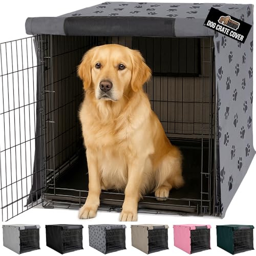 GORILLA GRIP Dog Crate Covers compatible with Amazon Basics Dog Crates, All Sides Open, Privacy Cover Fits 42" Wire Kennel, Breathable Mesh Windows, Light Reducing Puppy Training Cage Topper, Gray Paw