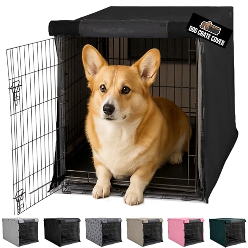 GORILLA GRIP Dog Crate Covers Compatible with Amazon Basics Dog Crates, All Sides Open, Privacy Cover Fits 30" Wire Kennel, Breathable Mesh Windows, Light Reducing Puppy Training Cage Topper, Black