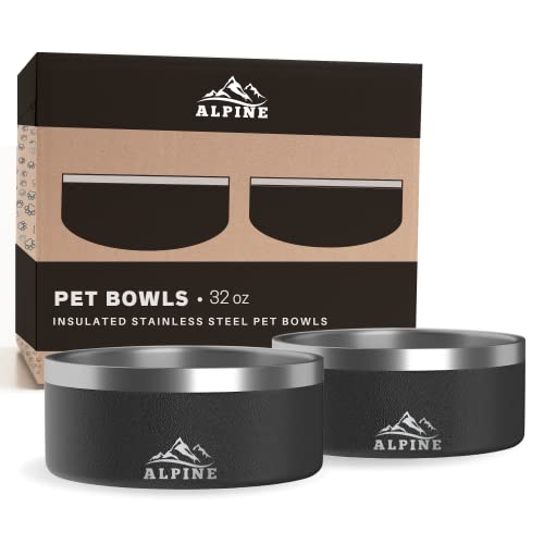 Alpine Set of 2 Stainless Steel Dog Bowls, Non Slip, Metal Pet Bowl for Food and Water, Double Walled Insulated, Rustproof, Dishwasher Safe - Black (AB)