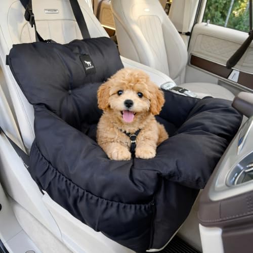 JACKO & CO Premium Dog Car Seat  Safe & Cozy Travel Bed and Carrier for Small Dogs, Puppies, Pets up to 25 lbs, Clip-On Leash & Storage Pockets, Water-Resistant, Machine Washable (Black, Small)