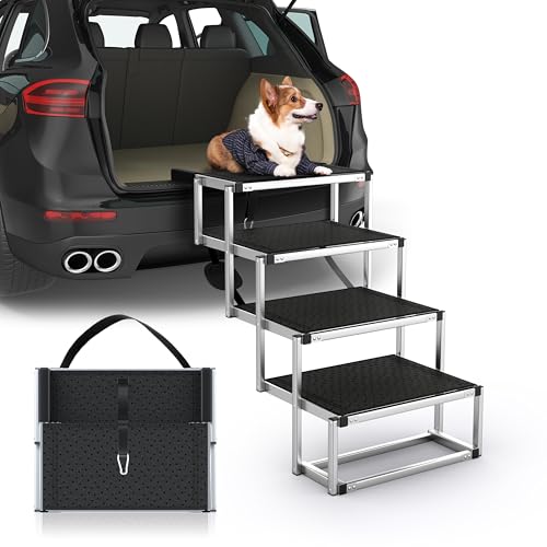 Dog Stairs for Car, Foldable Dog Ramp for Car with Non-Slip Surface, Portable Stairs Aluminum SUV, High Beds, Truck, Supports up to 150 lbs, 4 Steps