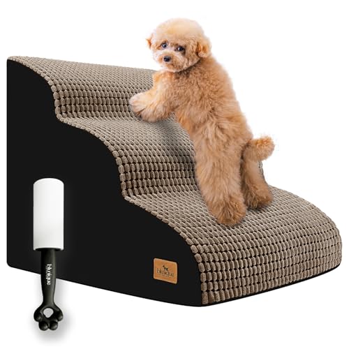 Dog Stairs for Small Dogs, 15.8 in H 3 Step Curved Dog Ramp for High Bed and Couch, Foam Dogs Ramp with Durable Non-Slip Waterproof Fabric Cover, Pet Stairs for Pets Joints, Brown