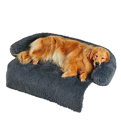 Codi Large Calming Dog Bed for Couch  Anti-Anxiety Sofa Protector Mat for XL Dogs, 45''x37''x6'', Machine Washable, Fluffy & Cozy with Non-Slip Bottom, Dark Grey