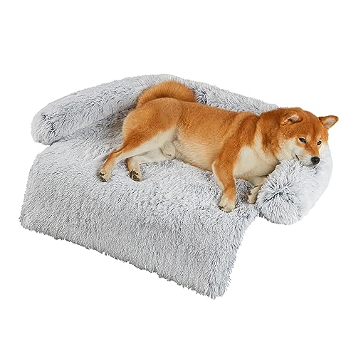 Codi Calming Dog Bed for Couch  Anti-Anxiety Sofa Protector Mat for Medium Dogs, 35''x31''x5'', Machine Washable, Fluffy & Cozy with Non-Slip Bottom, Light Grey