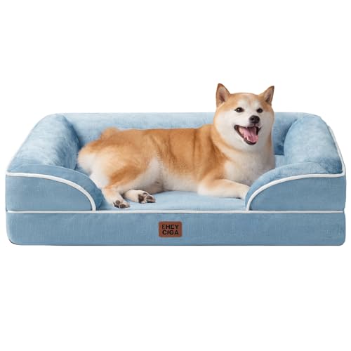 EHEYCIGA Orthopedic Dog Beds for Large Dogs, Waterproof Memory Foam Large Dog Bed with Sides, Non-Slip Bottom and Egg-Crate Foam Pet Couch Bed with Washable Removable Cover, Washed Blue