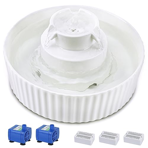 Ceramic Cat Water Fountain, 2.1L/71oz Cat Fountain with 3 Carbon Filters and 2 Quiet Pumps, Cupcake Pet Water Dispenser for Cats and Dogs (White)