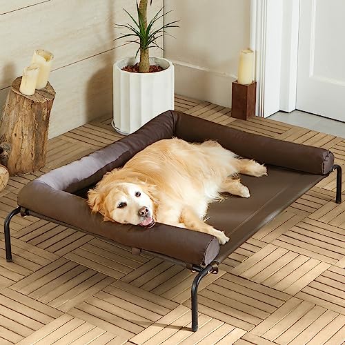 Cooling Elevated Dog Bed for Large Dogs Waterproof Raised Dog Cot with Slope Headrest, Breathable Teslin Mesh, Durable & Portable Pet Bed for Indoor and Outdoor Use, Brown