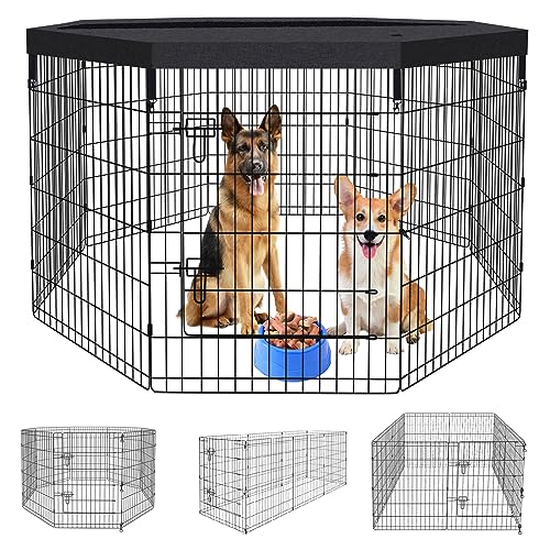 Peekaboo Pet Playpen Dog Fence Foldable Metal Dog Pen Wire Exercise Puppy Play Yard Pet Enclosure Indoor Outdoor 8 Panels 36 Inch with Bottom Pad/Top Cover(Black 36 top Cover)