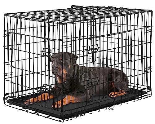 PayLessHere Large Dog Crate Kennel for Medium Large Dogs Metal Dog Cage Double-Door Folding Travel Indoor Outdoor Puppy Playpen with Divider and Handle Plastic Tray (42 Inch, Black)