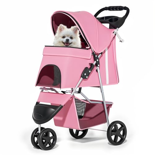 MoNiBloom 3-Wheels Foldable Pet Stroller with Waterproof Cover, Pet Strolling Cart for Small/Medium Dogs and Cats with Storage Basket and Cup Holder, Breathable and Visible Mesh for All-Season, Pink