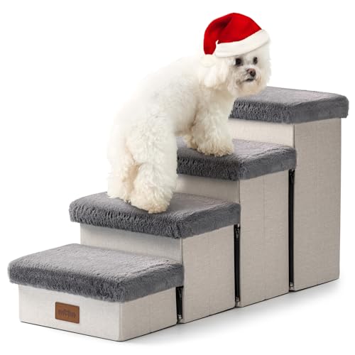 Dog Stair for Small Dogs with Storage, Foldable Pet Step with Soft Cover, Older Cat Ramp for Chair Couch Sofa, Lightweight, Durable, Comfort, 33x13x17.7 inch, 4 Tiers Grey